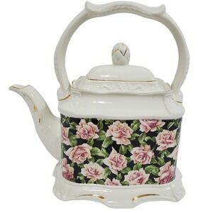 Crown Dorset Teapot Staffordshire England Pink Rose Black Floral Gold Gilt Trim